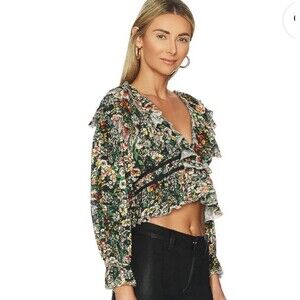 Free People Rudi Ruffle Blouse Women’s XS  Black lNight Garden Floral Boho Crop